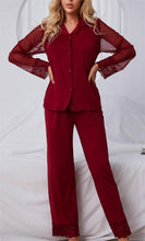 Load image into Gallery viewer, Deep Red Lace mesh long sleeve two-piece pajamas
