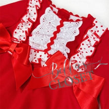 Load image into Gallery viewer, Baby Girl Long Sleeve Red Romper with Lace &amp; Bows
