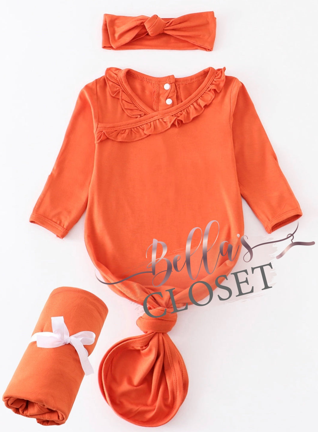 Orange Bamboo Ruffle Knott Gown Set
