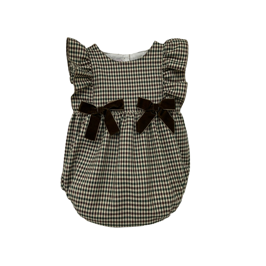 Brown and green vichy two bows romper