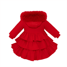 Load image into Gallery viewer, BABY GIRL LONG RED PUFFER COAT FRILLY BOTTOM
