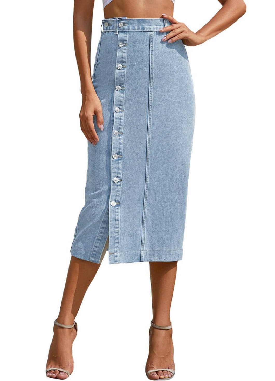 Irregular Buttoned Denim High-Rise Maxi Skirt