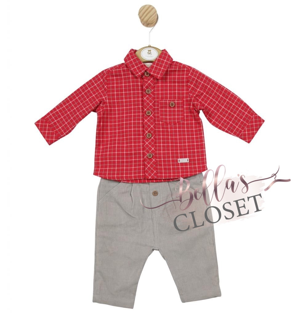 Boys button down plaid top grey pants